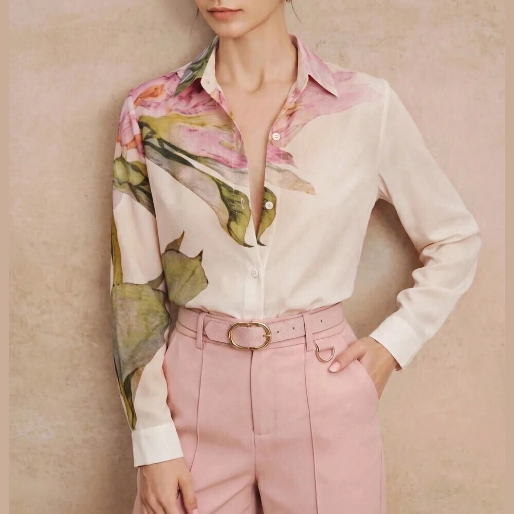 Ivory Floral Print Chiffon Collared Long Sleeve Button Up Blouse